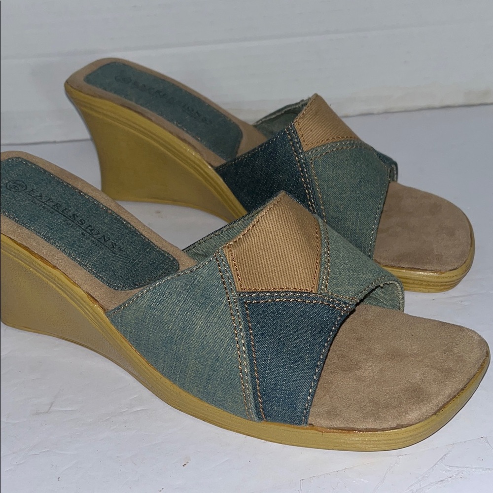 Expressions Blue and Tan Wedge Sandals